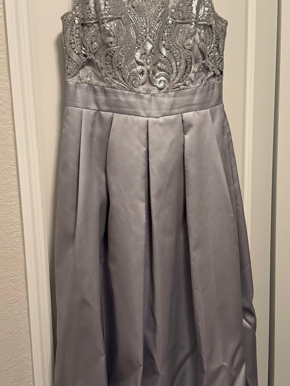 Eliza J Silver-Silver Satin Evening Dress with Lace